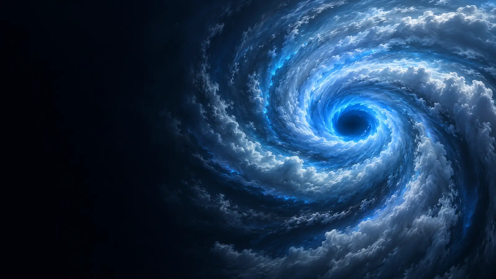 Illustration of a tropical cyclone seen from above — a spiral of storm clouds wrapped around a dark eye