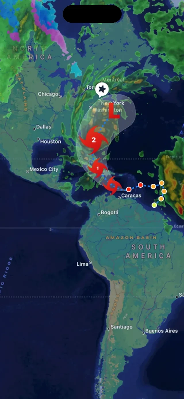Hurricane on iPhone: the hurricane tracking map with a tropical cyclone’s forecast track and category markers running from the Caribbean toward the US East Coast