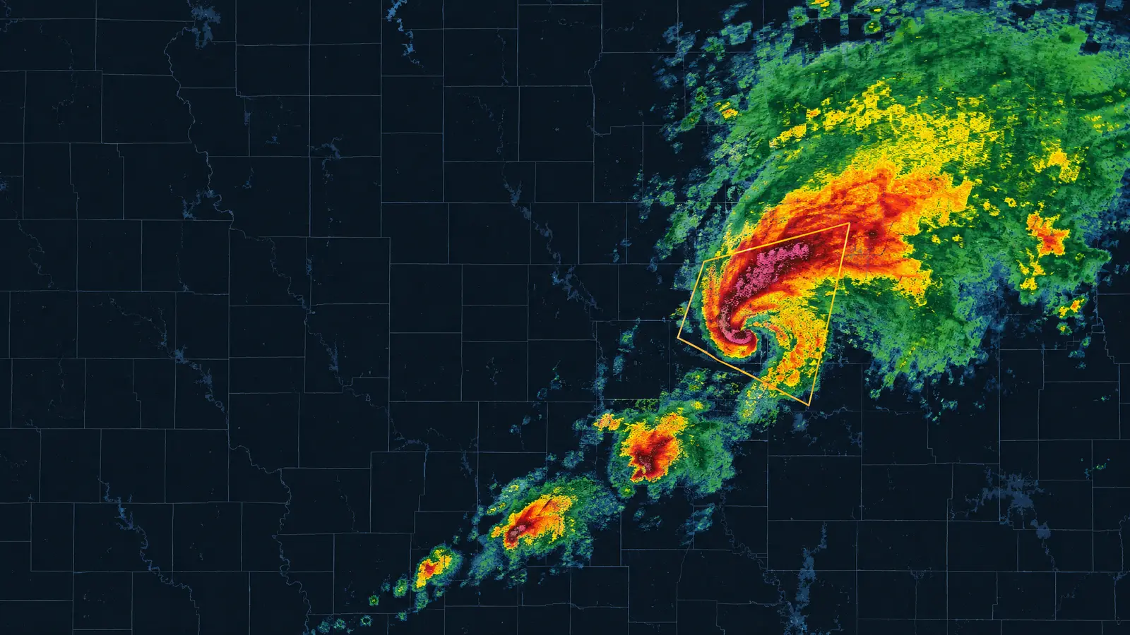 Illustration of a tornadic supercell on a weather radar composite — a comma-shaped hook echo with a magenta core inside an amber warning polygon, smaller cells trailing to the southwest