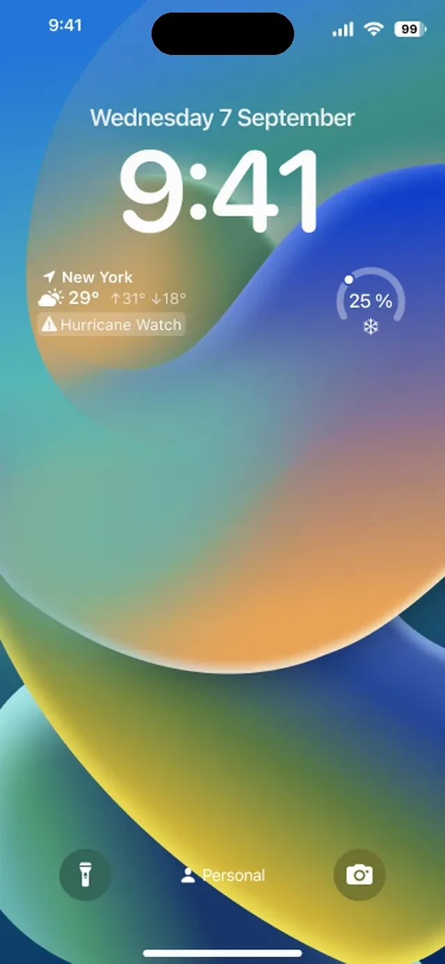 The Hurricane widget on an iPhone lock screen, showing the current temperature for New York with a Hurricane Watch badge