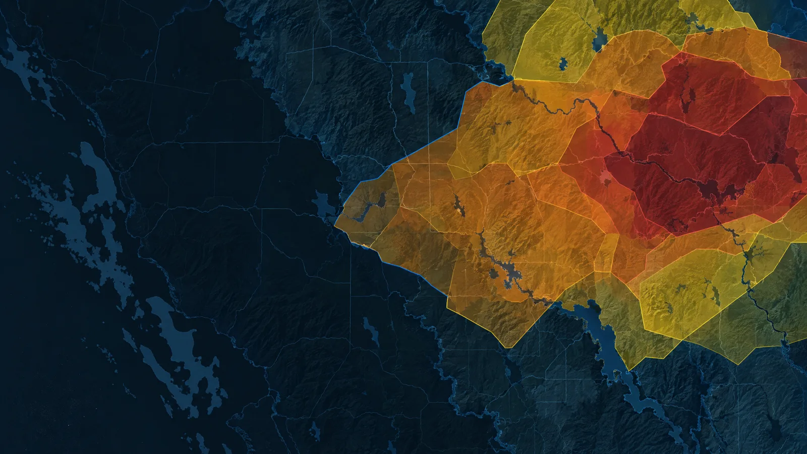 Illustration of an abstract weather alert map with translucent amber and red warning polygons over a dark terrain basemap